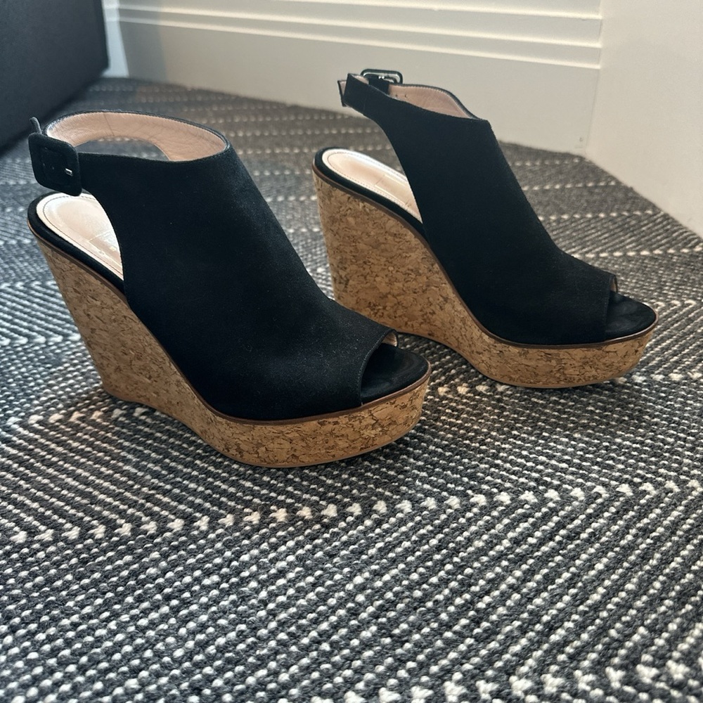 Black suede sandal on cork wedge